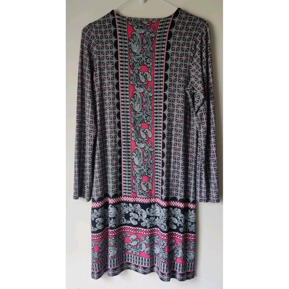 J Jill Paisley Petite Print Long Sleeve Dress Geometric Design Black/Pink Sz XSP - Picture 2 of 5